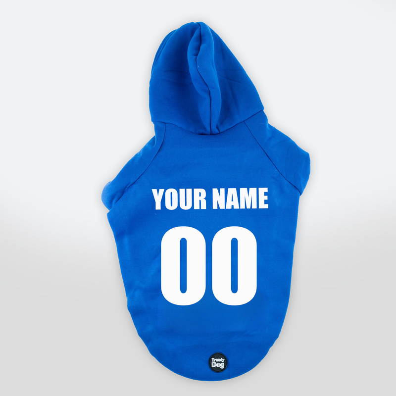 Blaues Sweatshirt „Trendy Dog“, anpassbar mit Namen und Nummer
