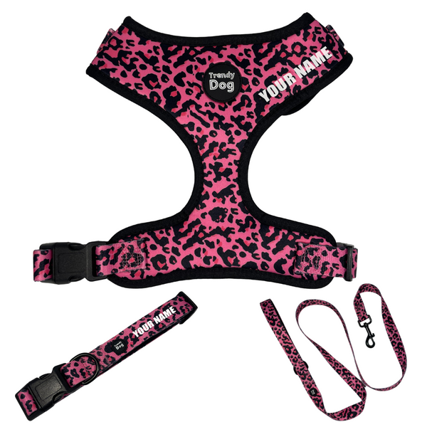Trendy Dog® „Leopard“ Geschirr + Leine + Halsband-Set, personalisierbar mit Namen